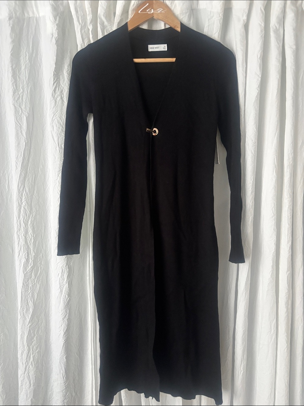 Nine West Black Long Ribbed Hook-Front Cardigan Dress